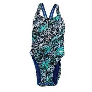 Speedo PowerFlex One Piece Swimsuit Racerback Youth L Blue Shatter Skin Bathing